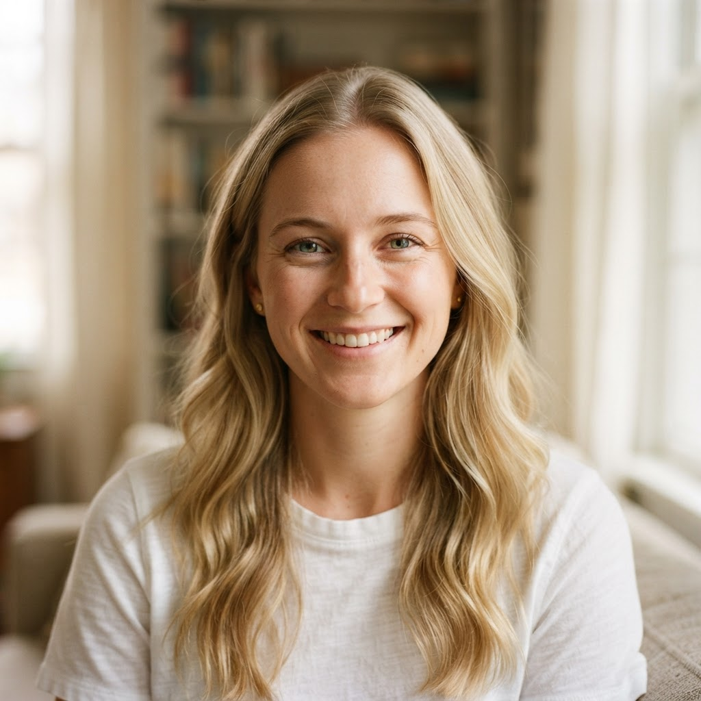 Smiling young woman with long wavy blonde hair in a white top