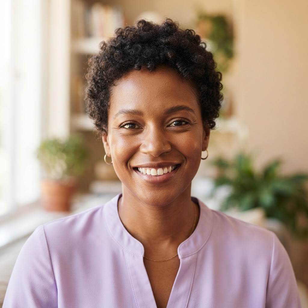 Smiling Black woman with short curly hair in a lavender blouse