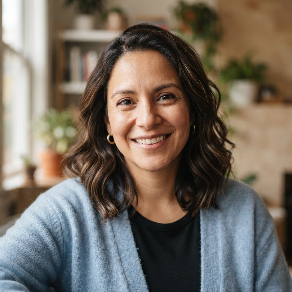 Smiling Latina woman with dark hair in a soft blue cardigan